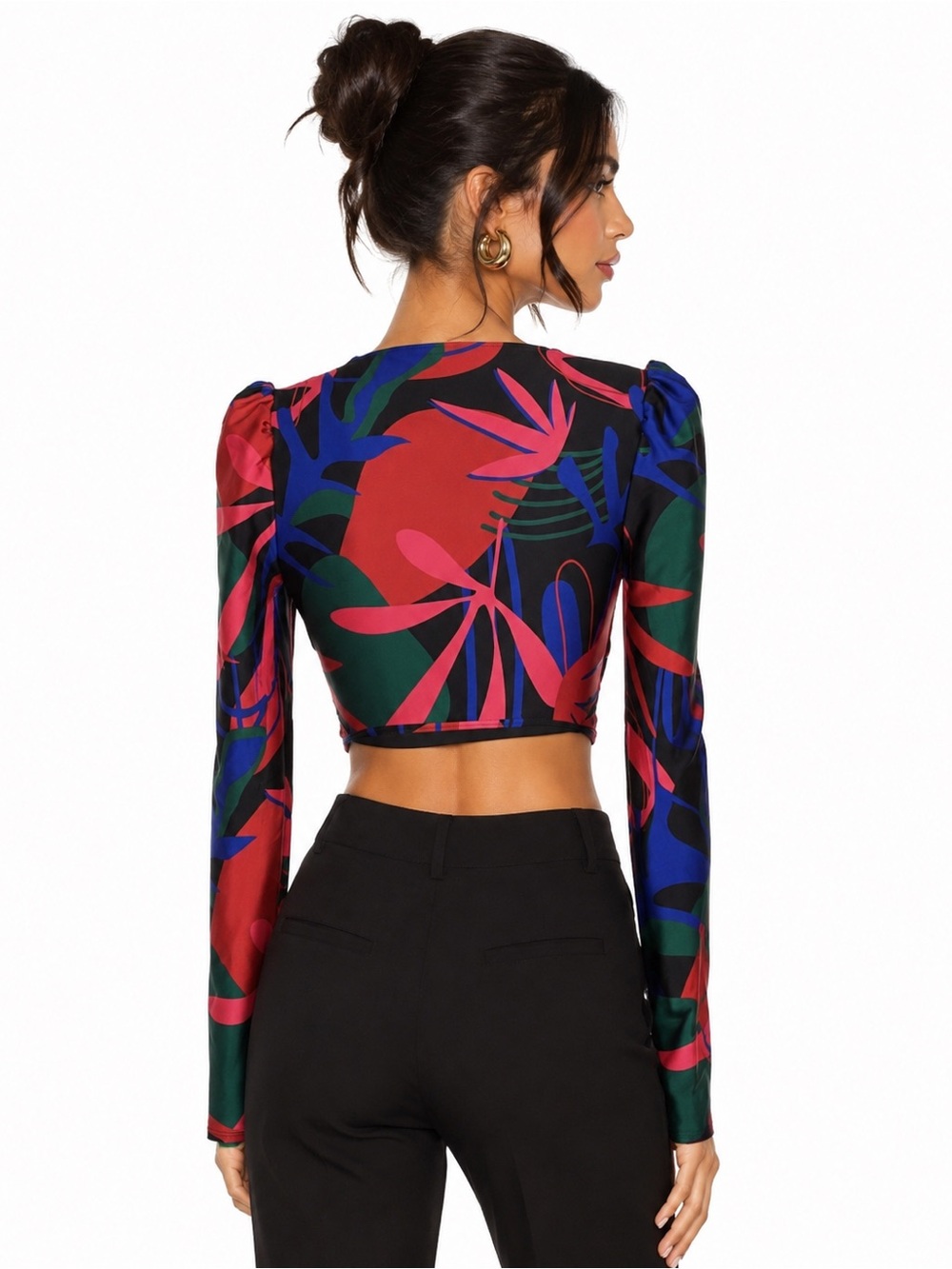 PatBO Tropical Print Cutout Long Sleeve Crop Top Size Medium - Picture 2 of 5